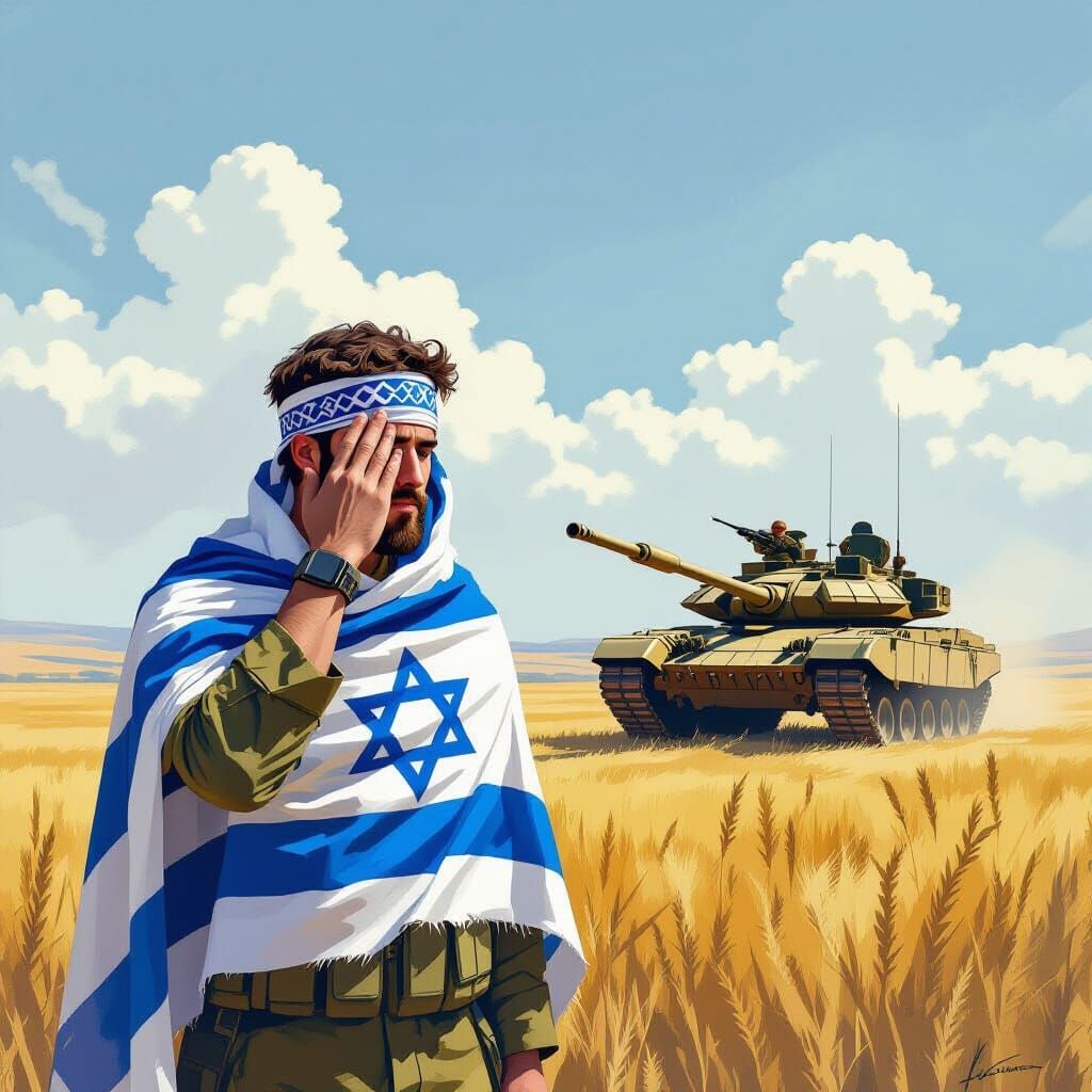Israeli Soldier in Field with Tank, Realistic Style