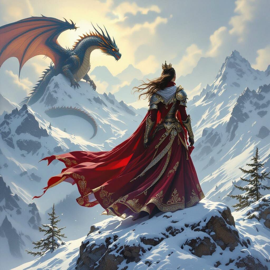 A regal queen, adorned in shining armor and flowing robes, stands atop a snow-capped mountain peak, gazing out over her vast kingdom. The wi...