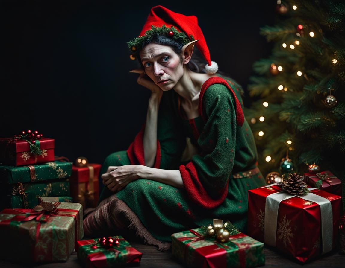 dslr Photograph of a sad haggard christmas elf woman, gifts. small ...