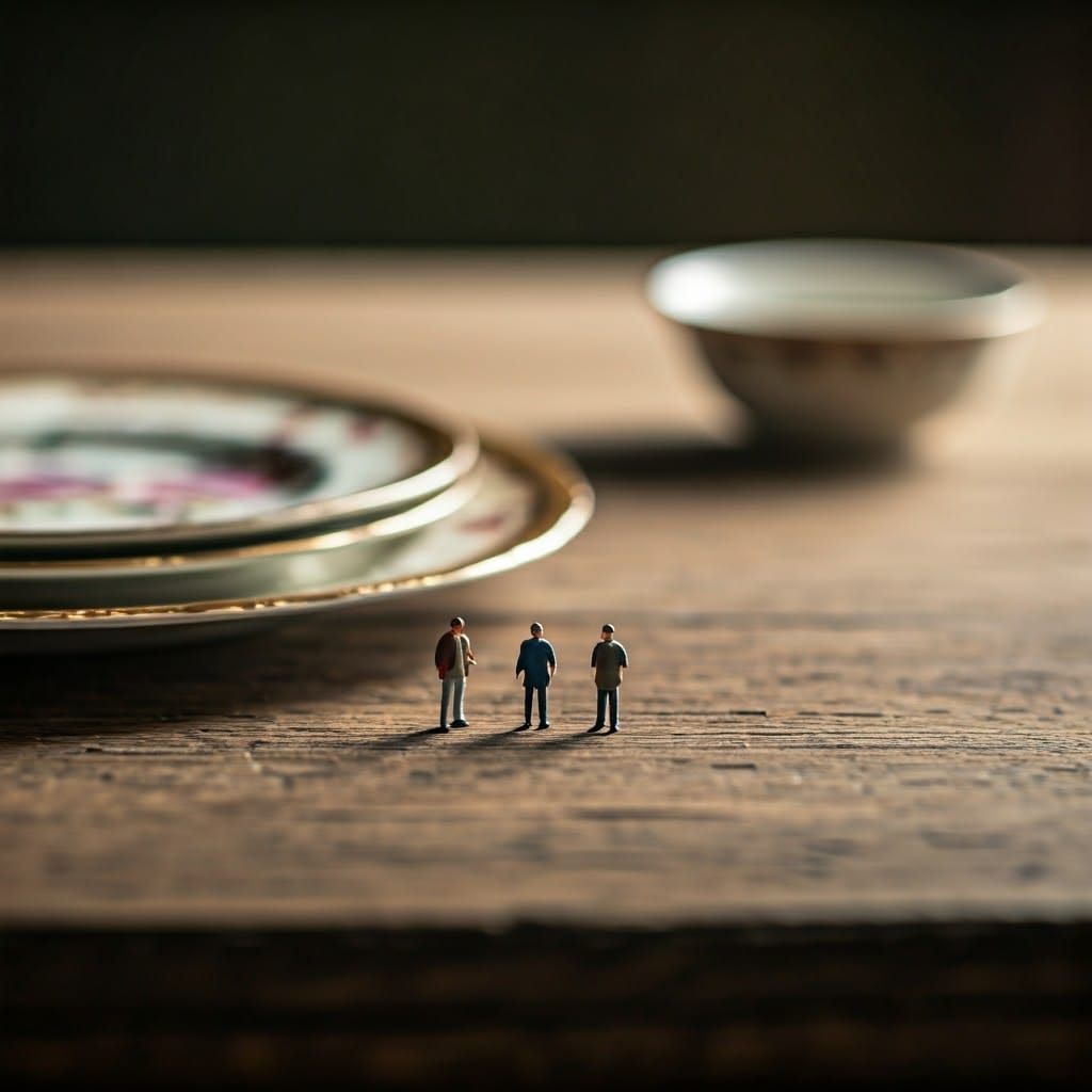 Tiny people on a table with a  plate, a bowls and silverware 