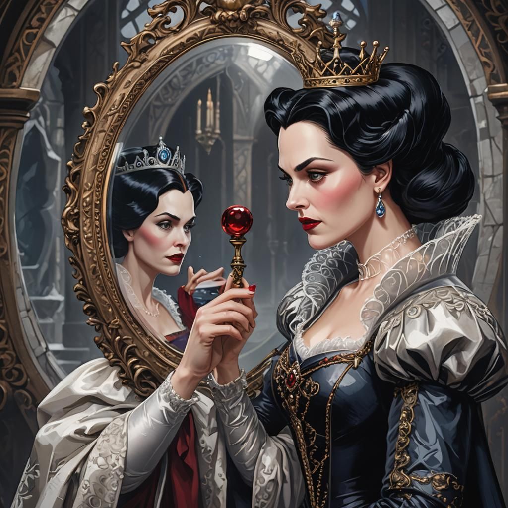 an evil Queen staring into a hand mirror that has an ornate glass handle. She is gazing at her younger reflection Snow White 
