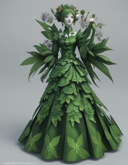 Monster doll woman with beautiful green leafs with flowers d...