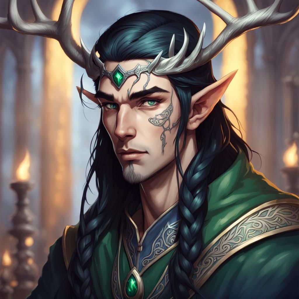 male elf wizard, amber colored skin, long dark black hair that is ...