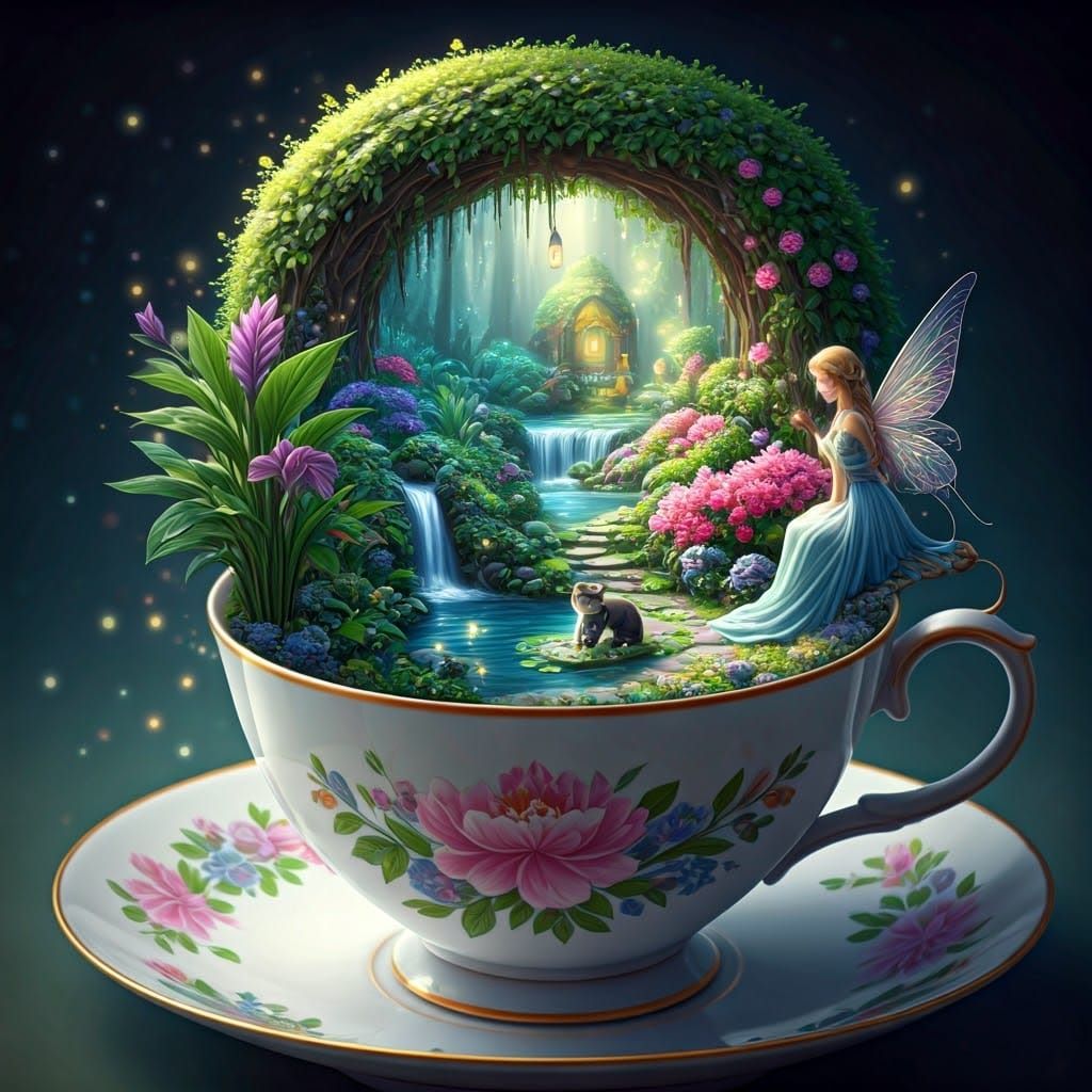 A highly detailed image of a beautiful colorful cute teacup. In the teacup is a cute little tiny scenery of cats playing in a fantasy garden...