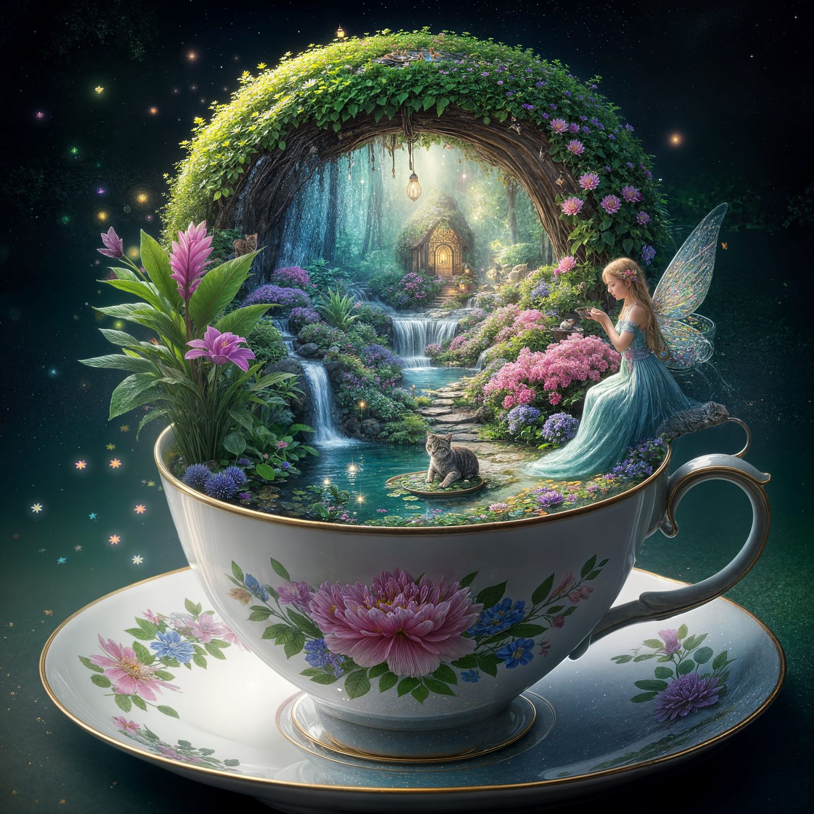 cute little tiny scenery of a fairy and a cat in a fantasy garden.  by @Ylona