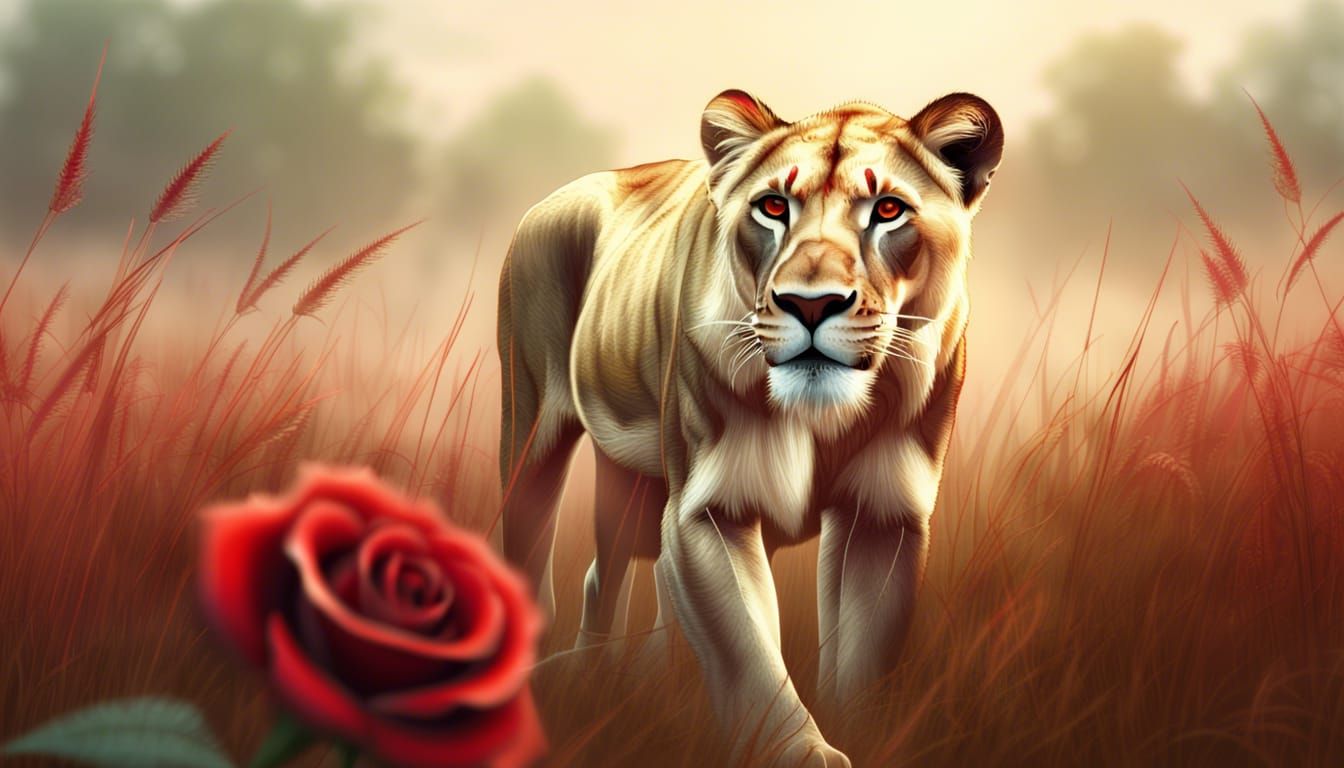magical lioness with red rose patterned fur walking through ...