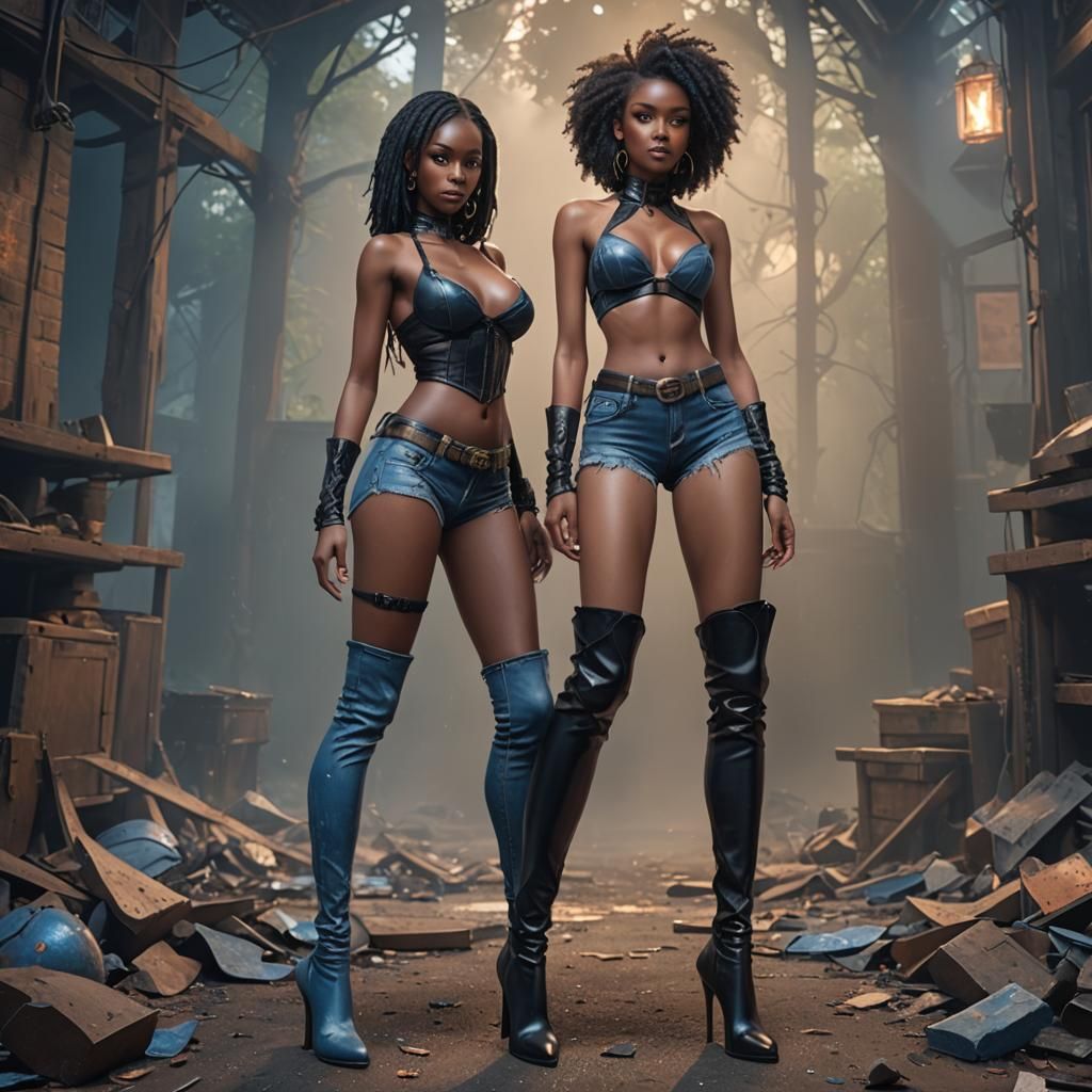 Skinny ebony, black latex bra, blue jean shorts, thigh high high heel  boots, full body photo - AI Generated Artwork - NightCafe Creator