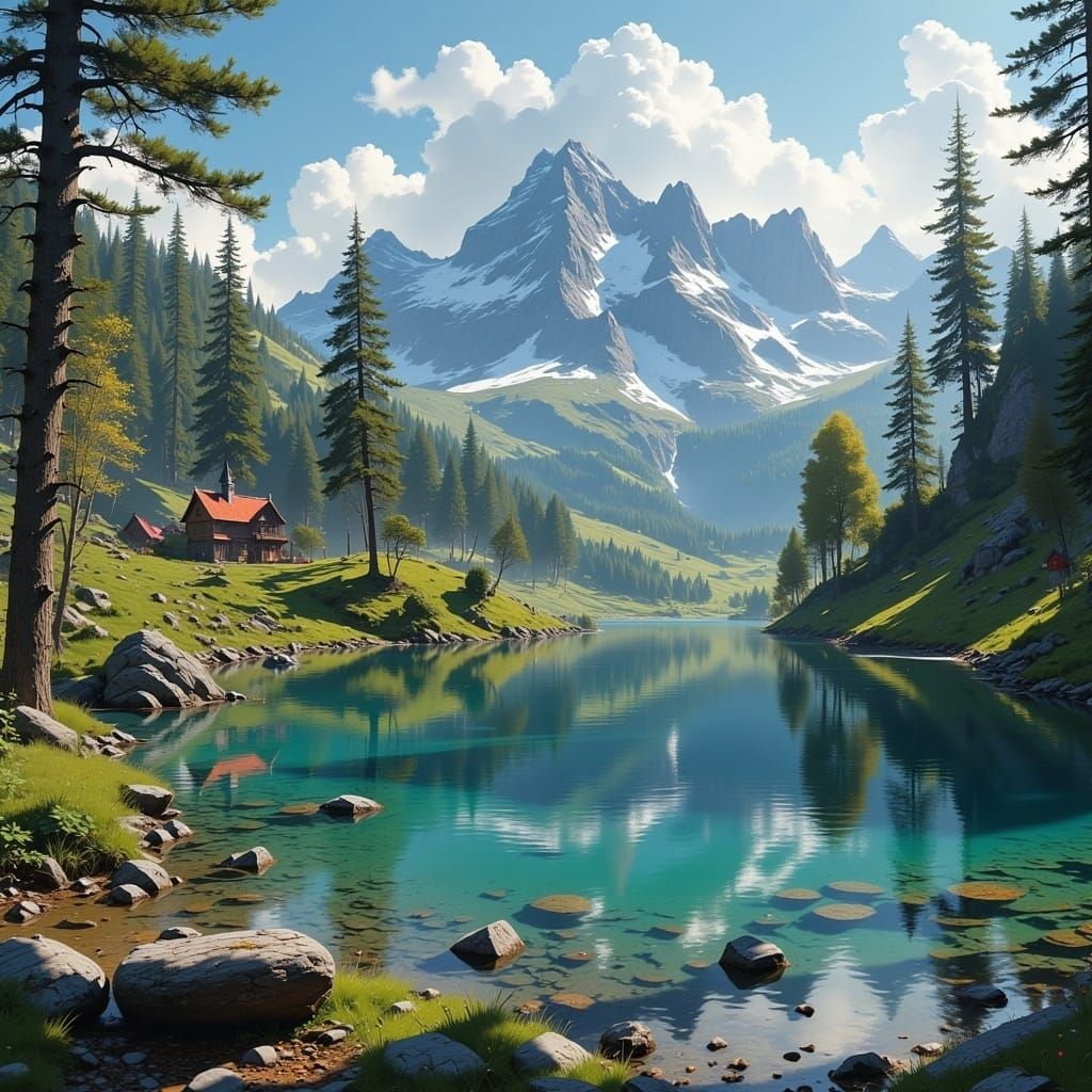  <lora:Chivalry Flux:1.0> An alpine resort with crisp mountain air and a crystalline lake