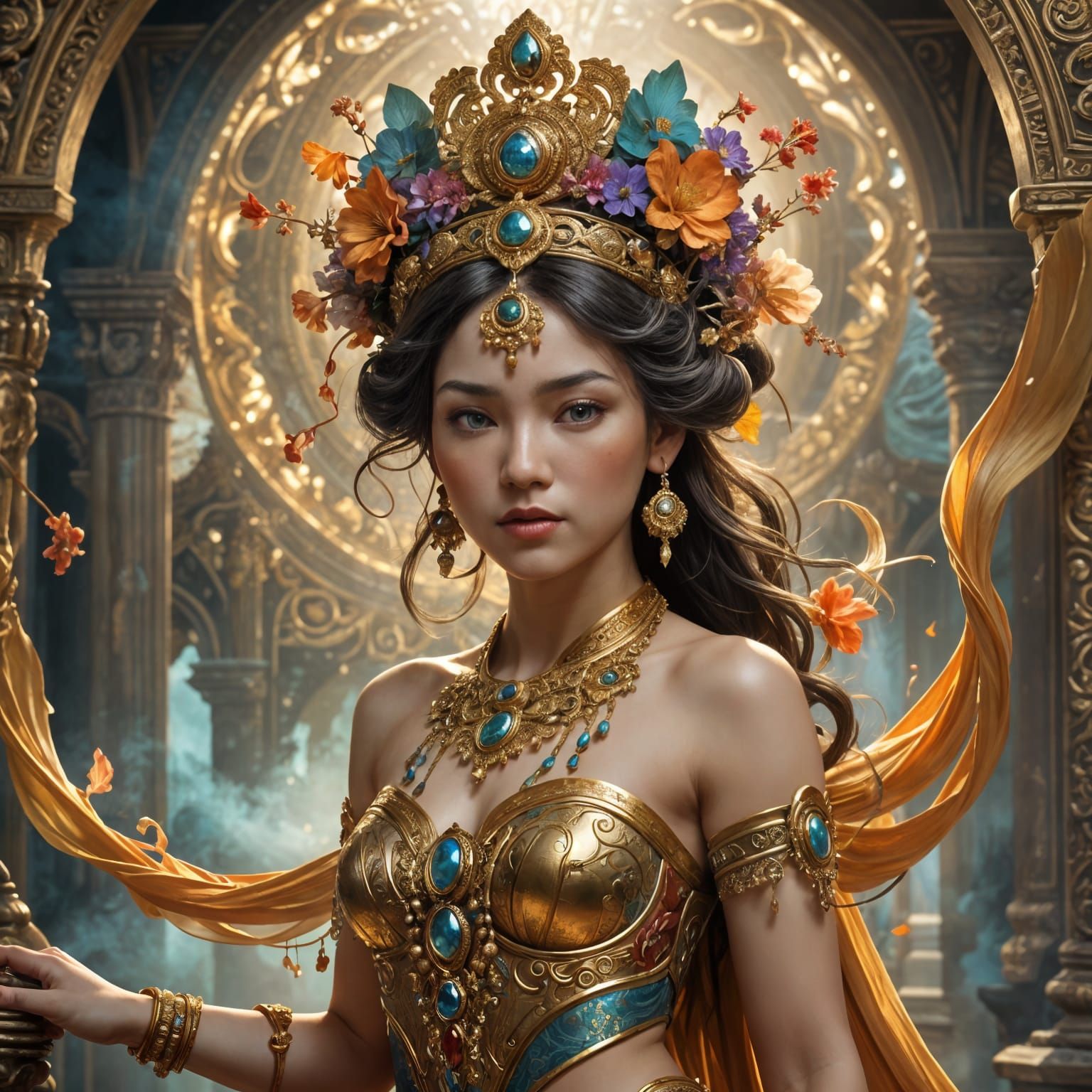 Southeast Asian Goddess Wears Ornate Floral Headpiece