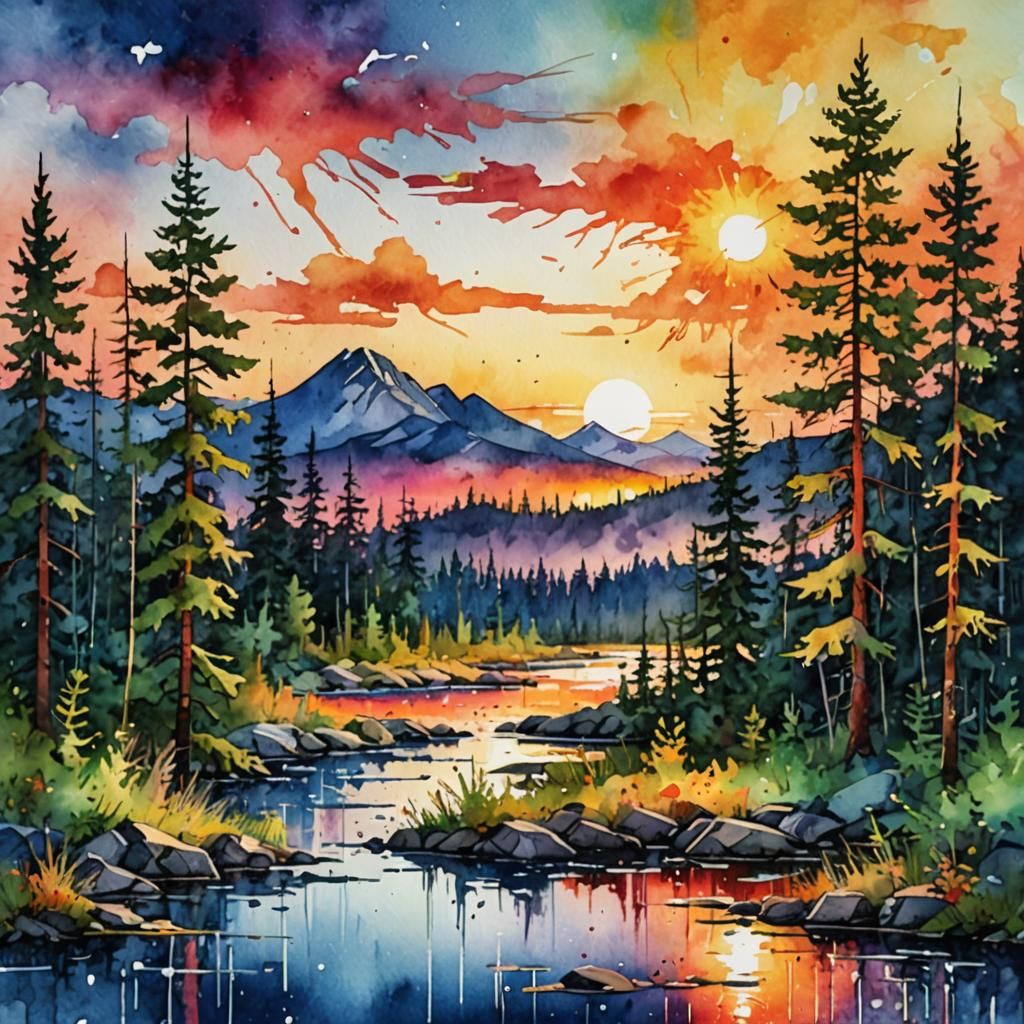 Watercolor  The sunset. 
A landscape of  taiga  in the  summ...