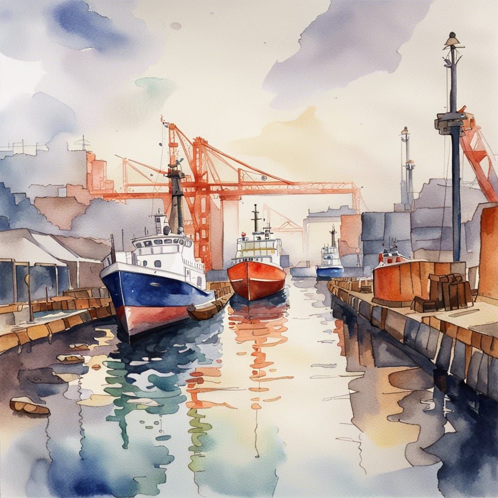 Watercolour painting of a shipyard, neo-impressionism expres...