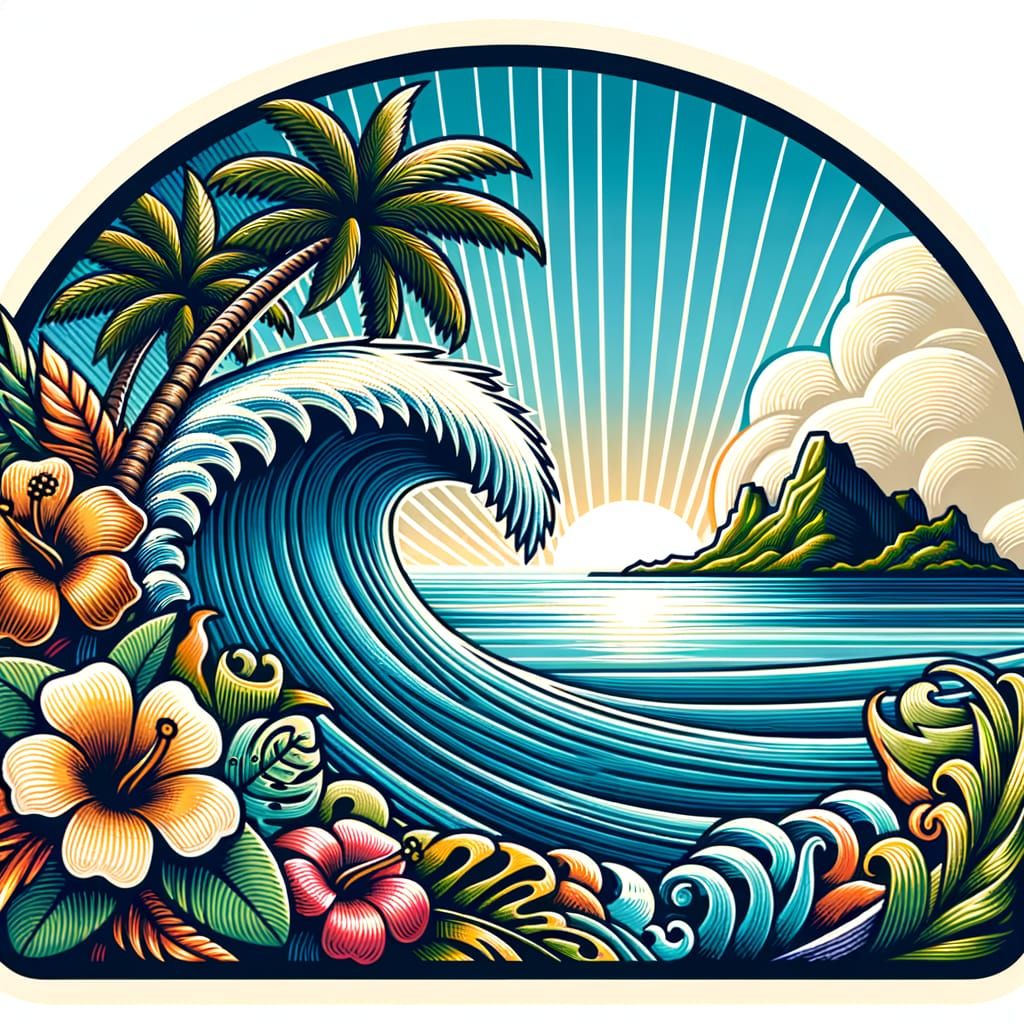 generate a detailed vector image of a single, perfect surfing wave, designed as a sticker. The design will incorporate, stylized palm trees,...