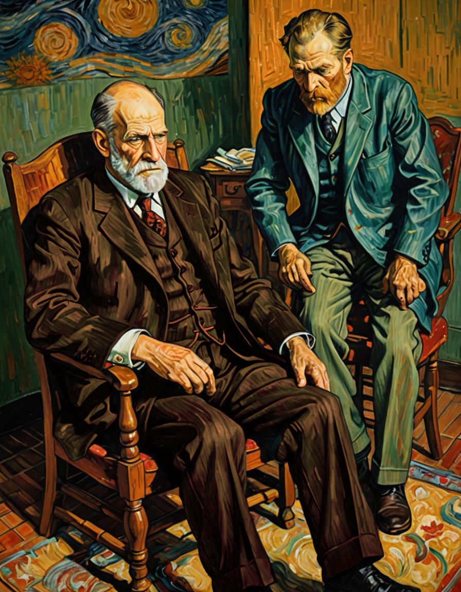 Vincent van Gogh preparing to talk with Sigmund Freud