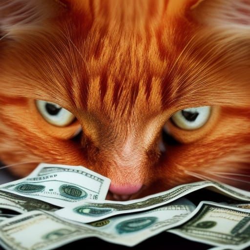 Orange cat with orange eyes on top of a pile of money he ear...