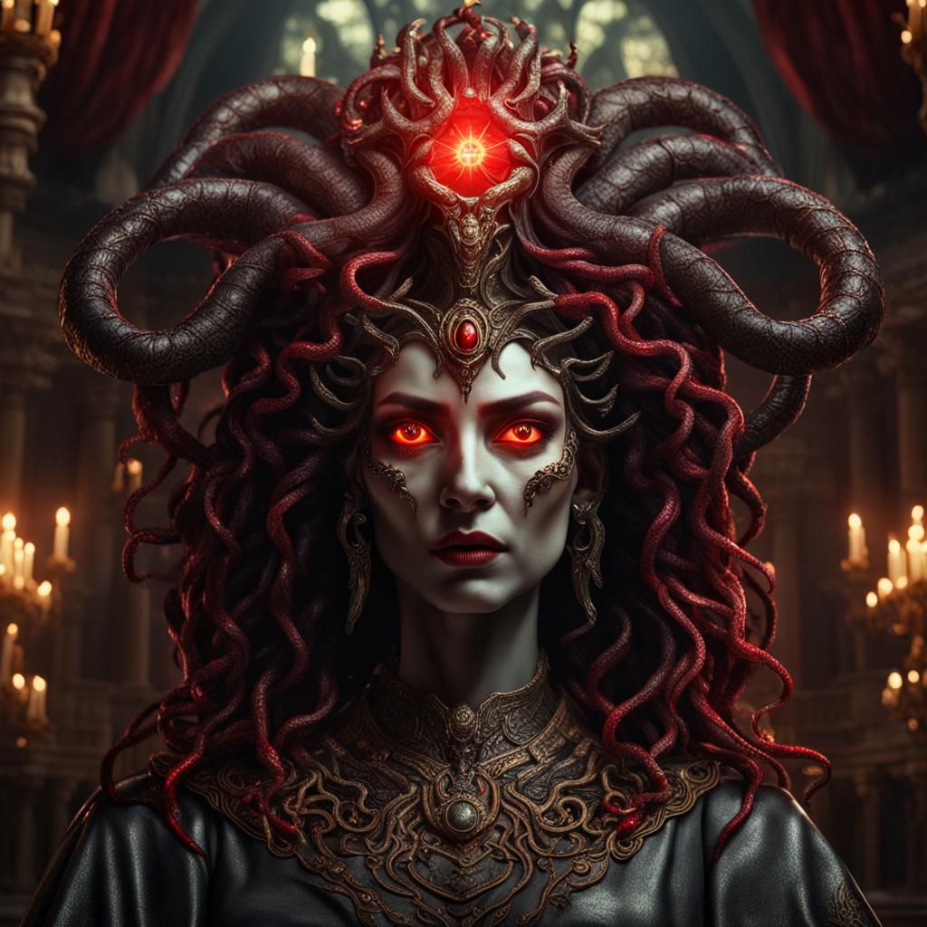 Photorealistic head and shoulder portrait of a majestic evil medusa ...