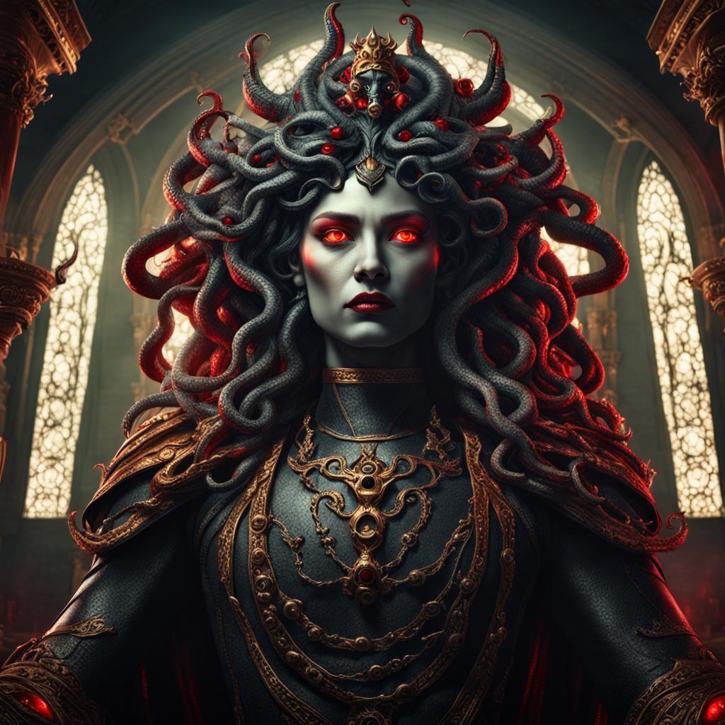 Photorealistic head and shoulder portrait of a majestic evil medusa ...