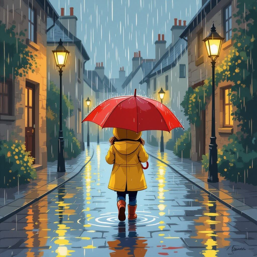 Child with Yellow Raincoat Holds Umbrella in Rainy Street