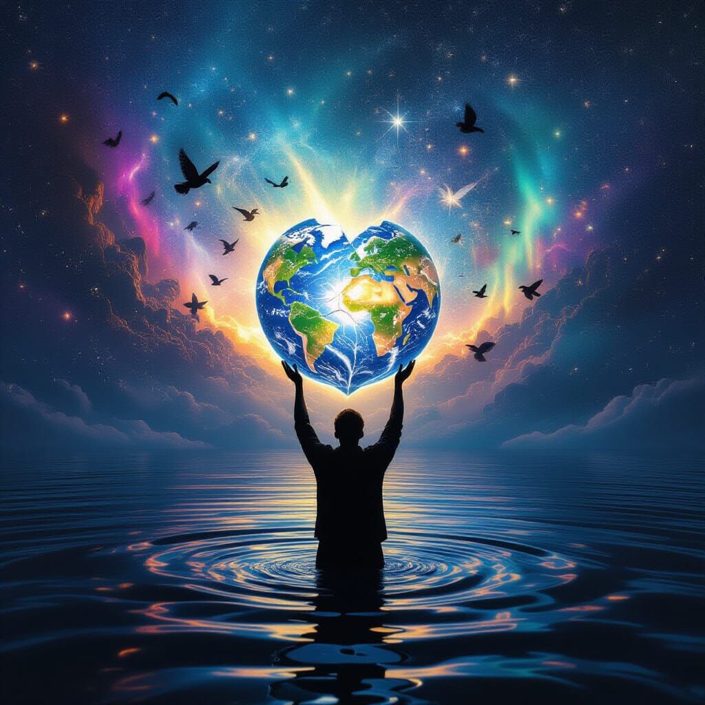 Silhouette of a man standing in black water holding a world where his heart is the world is cracking and light is going into the cracks. Ins...