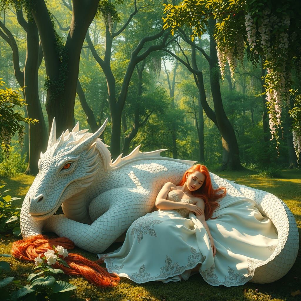 fantasy scene featuring a majestic white dragon resting in a lush forest, with tall, green trees in the background. A woman with long red ha...