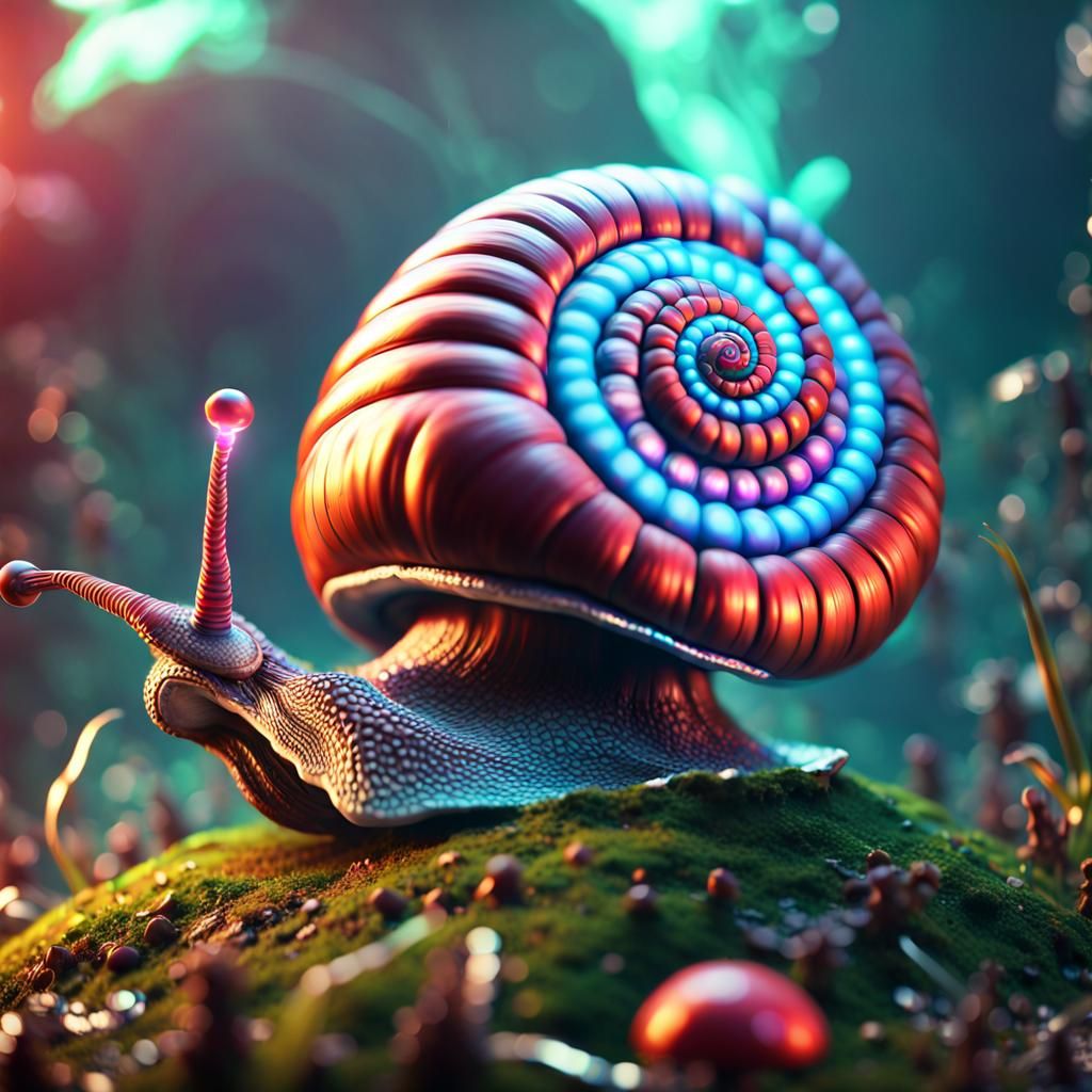 Psychedelic snail smoking opium on a giant mushroom, 3D, sharp details ...