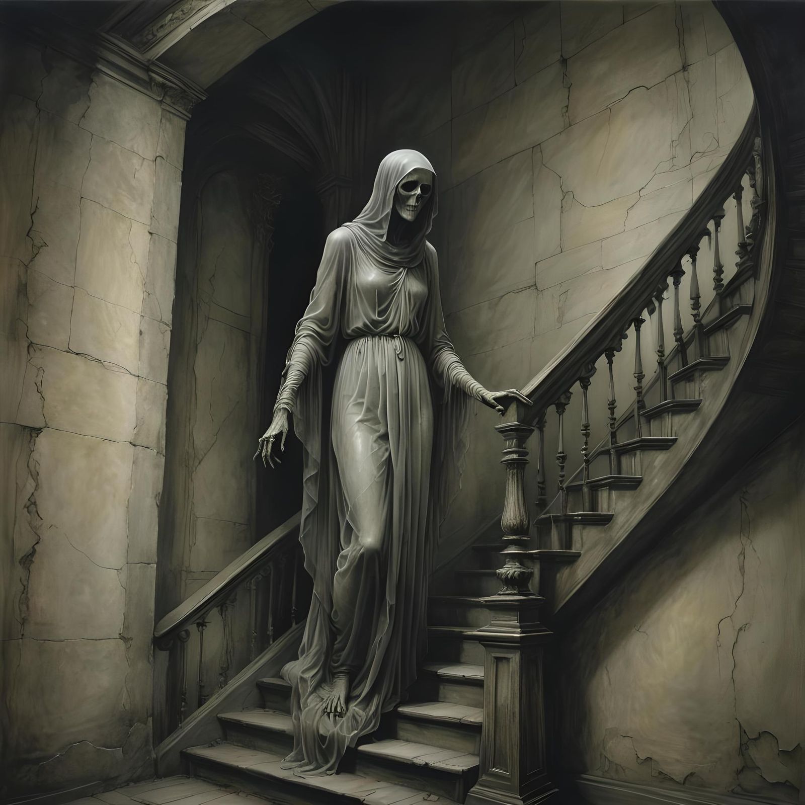Eerie encounter on a staircase  by @Chirminth