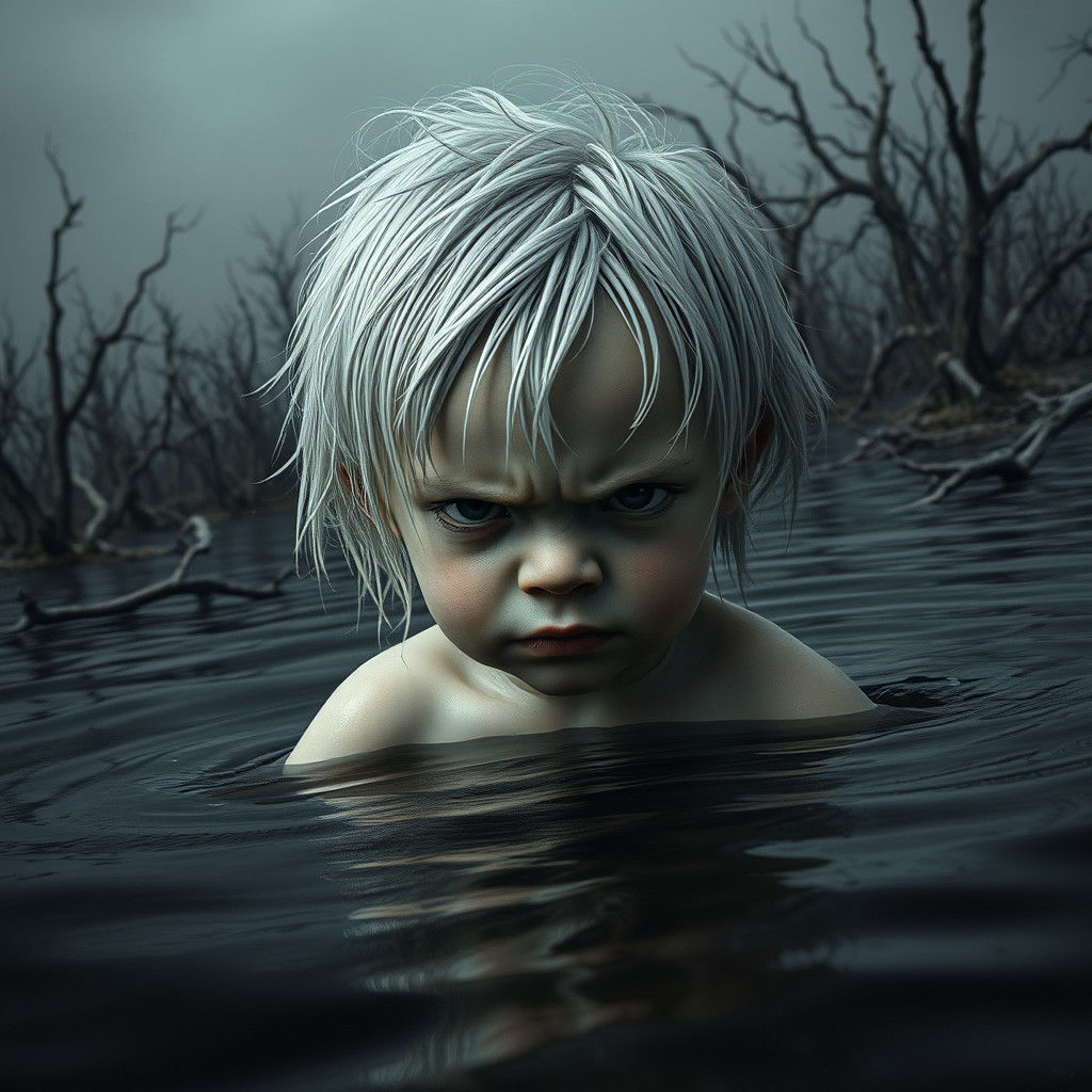 Surreal painting of a child with white skin, disheveled whit...