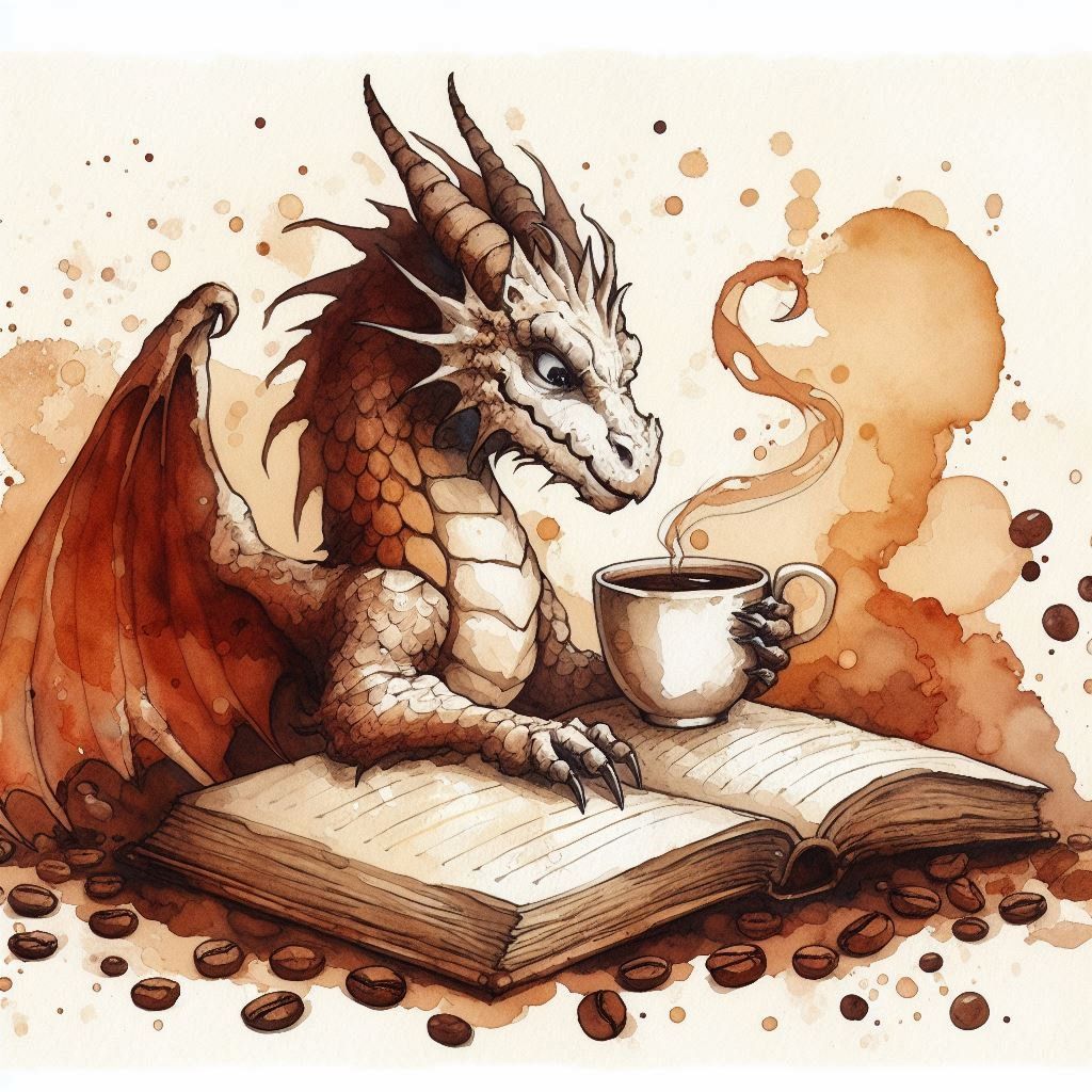 Coffee stain watercolor of a dragon reading