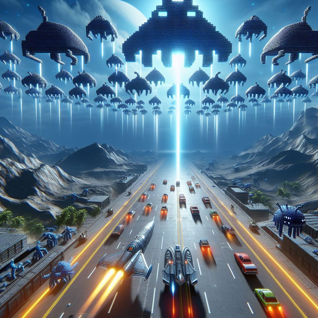 Space invaders style alien invasion scene (Atari 1978)