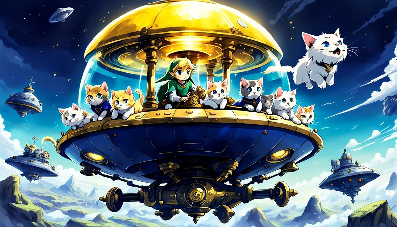 Link from "Legend of Zelda" riding a mechanical hourglass shaped UFO together with fluffy kittens