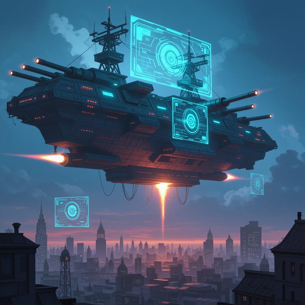 A sprawling floating fortress suspended in the sky by glowing anti-gravity engines, lined with cannons and holographic shields, 1