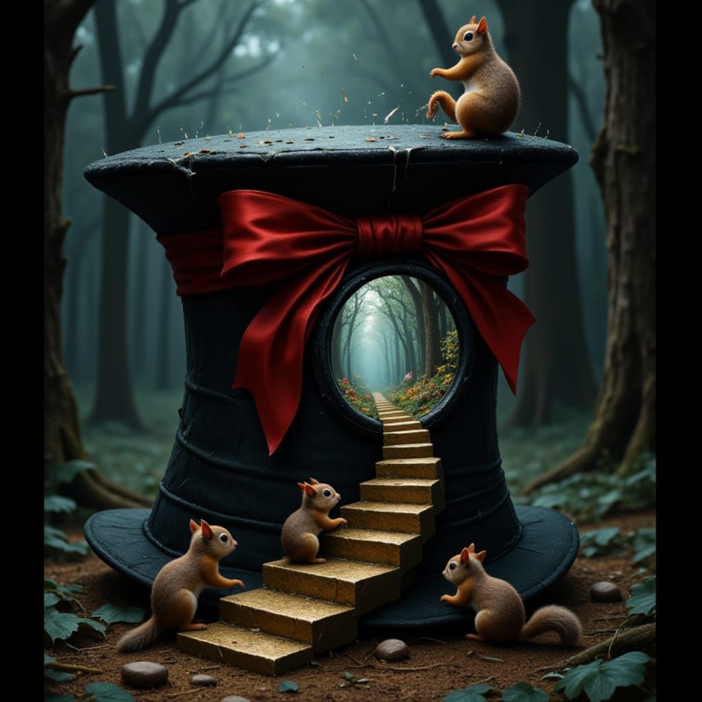 Baby Squirrels starting to climb the stairs to enter the hat