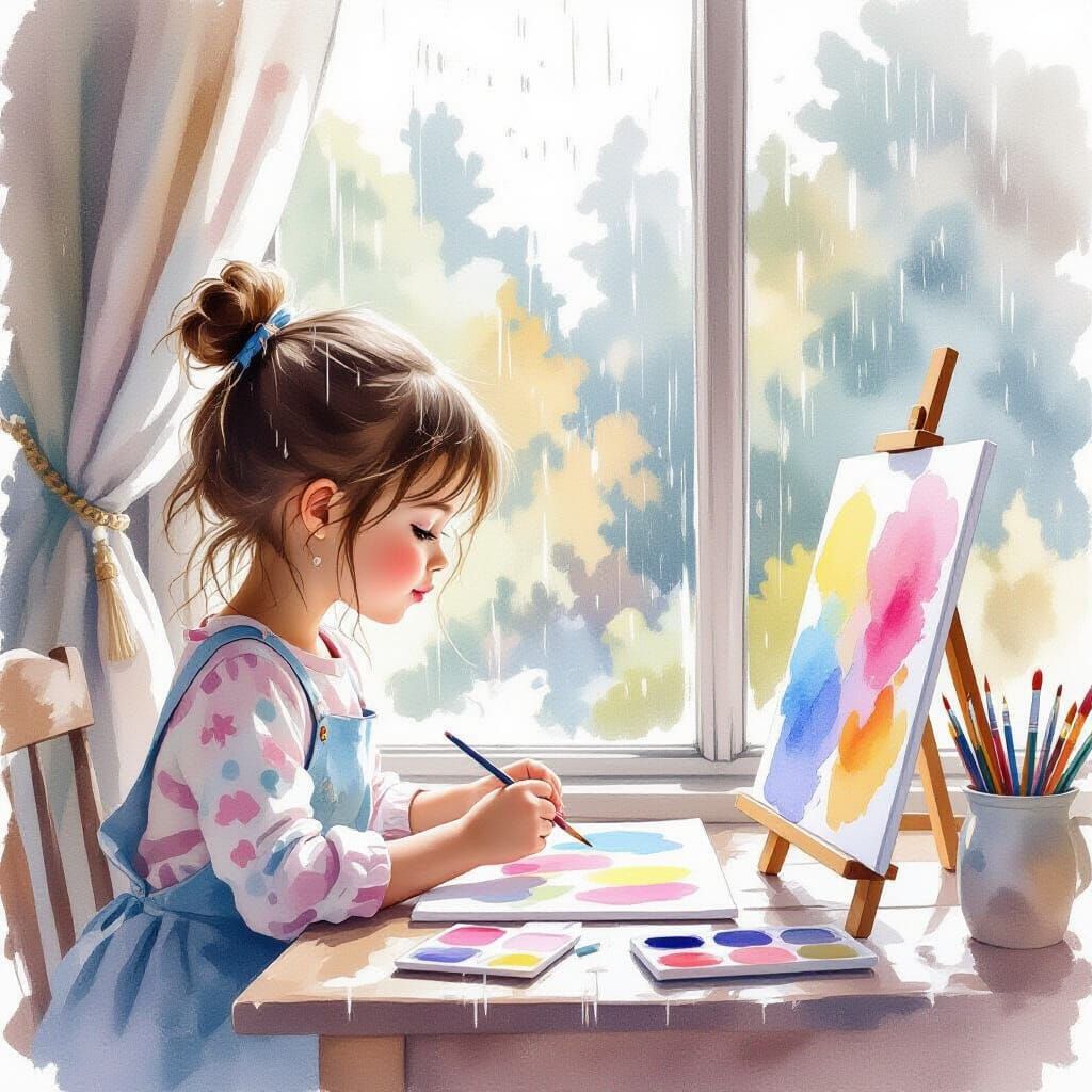 Girl Paints by Window on Rainy Day in Watercolor Style