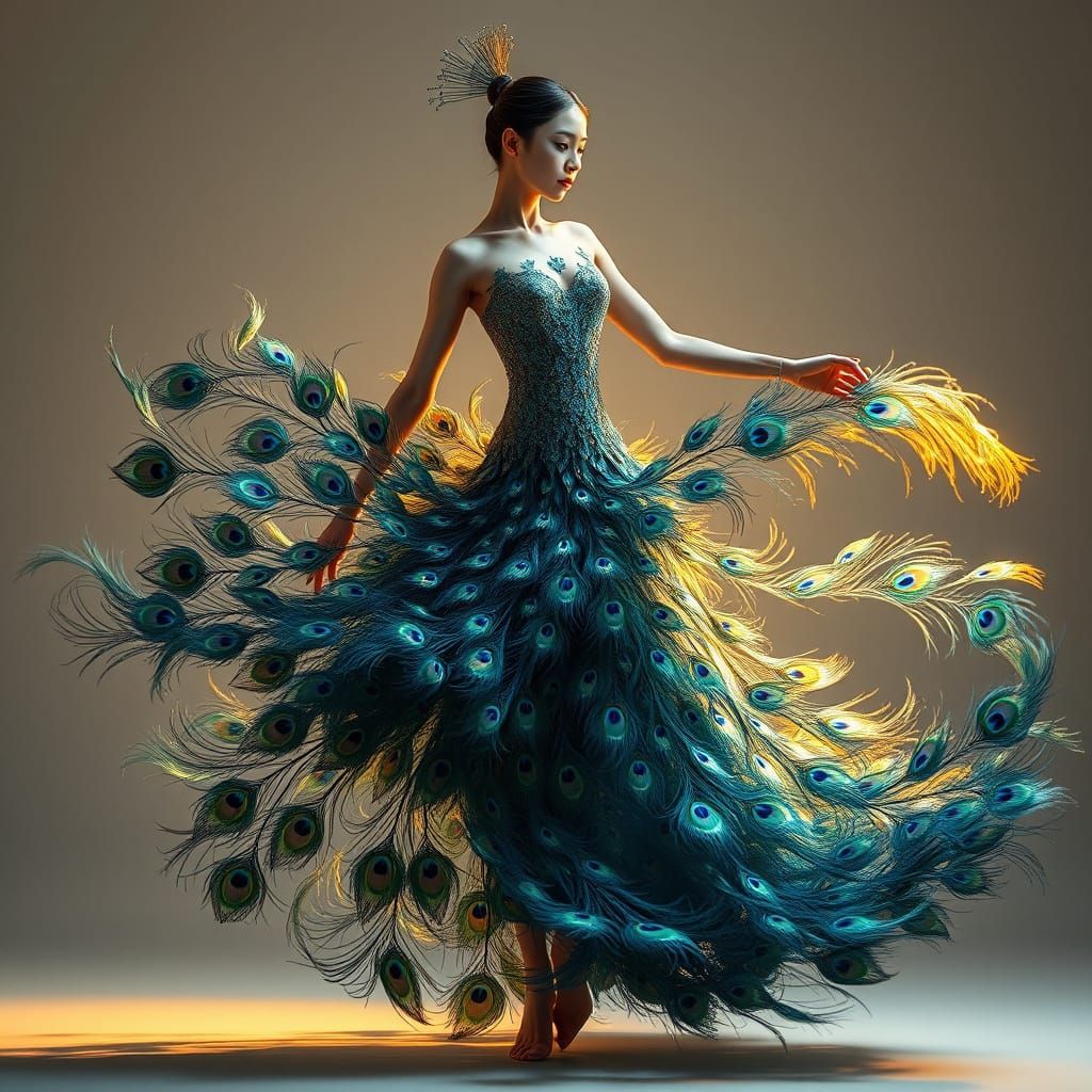 A graceful humanoid figure dancing in swirling motion, wearing a dress made entirely of peacock feathers. ...  by @Likra