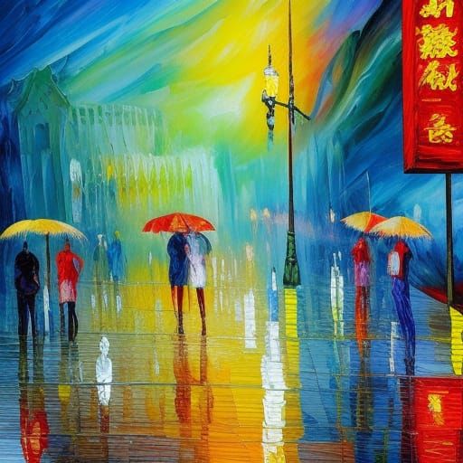 Rainstorm in Palace Lobby: Neo-Impressionist Oil Painting