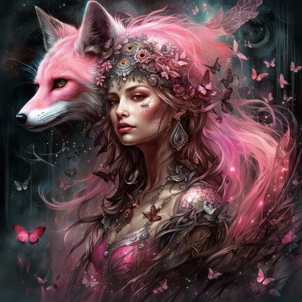 Enchanting Pink Fox in Rainforest, Luminous Masterpiece