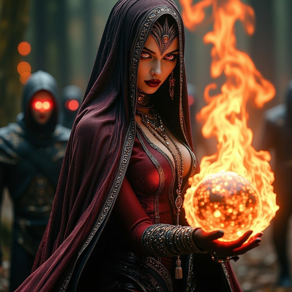 <lora:WEFx:1.0>  Beautiful photorealistic sorceress with red glowing eyes, in the style of unreal engine 5, josephine wall, flame spirals su...
