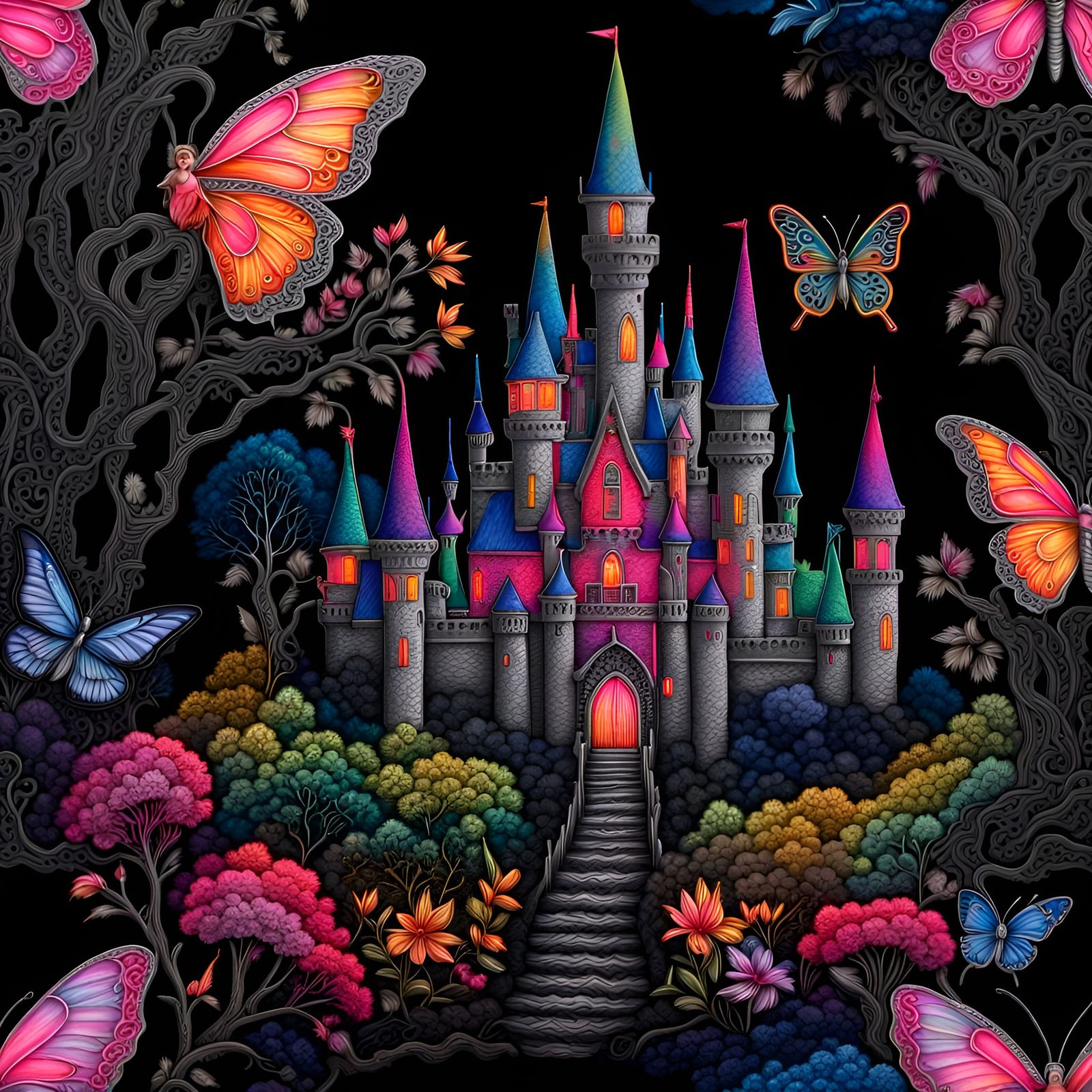Prismatic neon painted on black velvet,  Fantasy fairy castl...