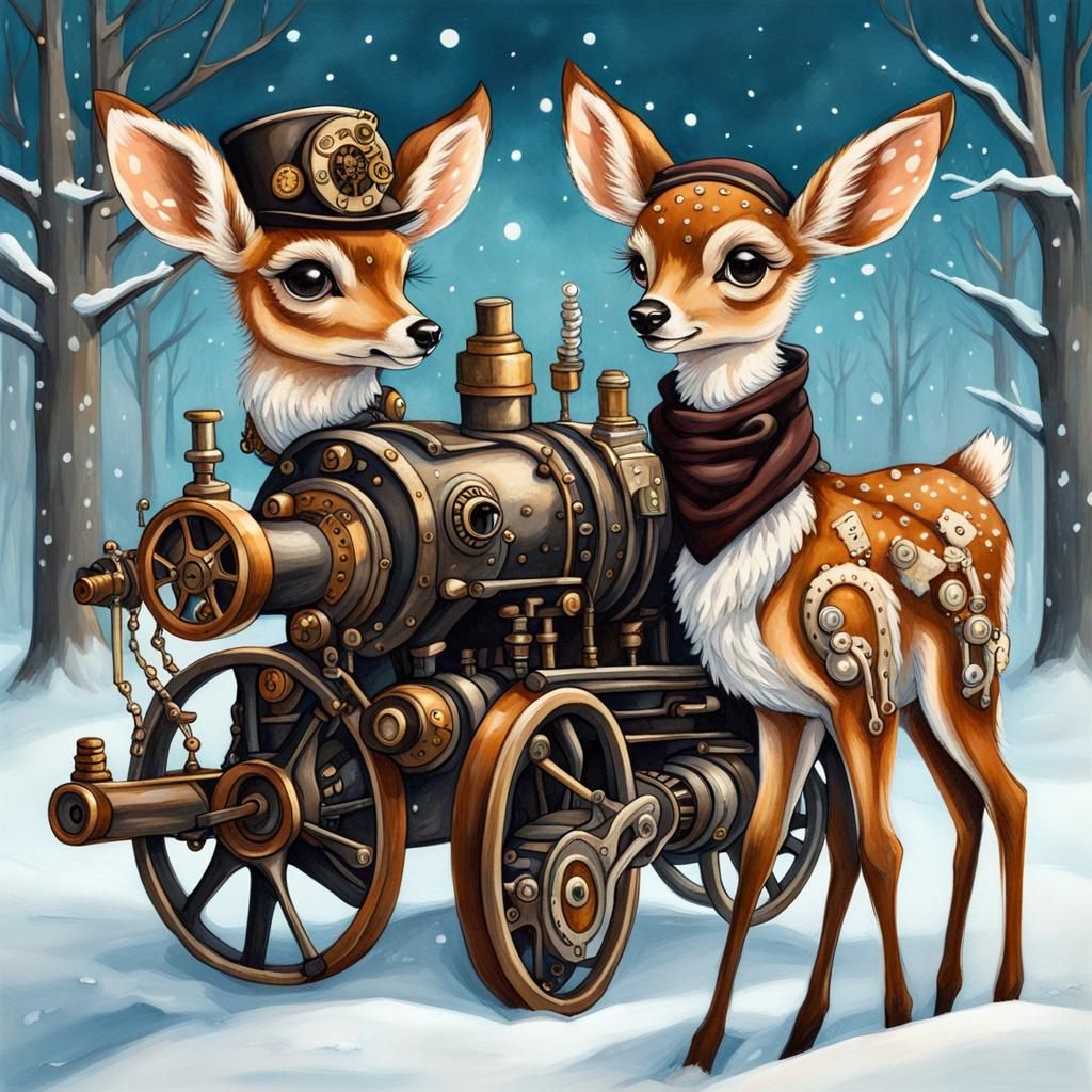 Cute steampunk fawns in a steampunk winter wonderland 