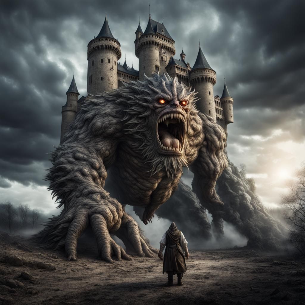 Giant Monster Holding Castle: Hyperrealistic Fantasy