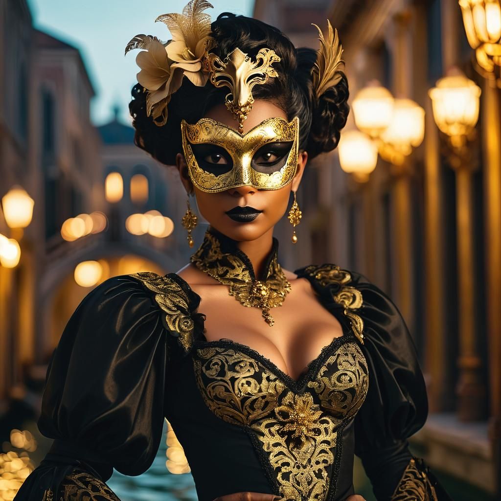 BLACK FEMALE GUNSLINGER IN A VENETIAN MASK DRESSED IN A BLAC...