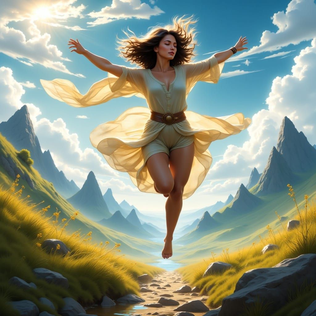 Jumps through danger, free as breeze,
In adventures, she finds peace,
Through lush lands and skies so clear,
Every step breaks her fear.<lor...