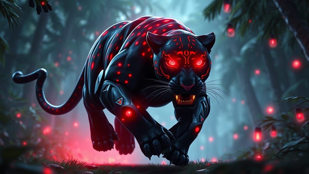One big black Jaguar with luminous red spots and luminous red Osiris running through a luminous jungle at night towards the screen ferocious...