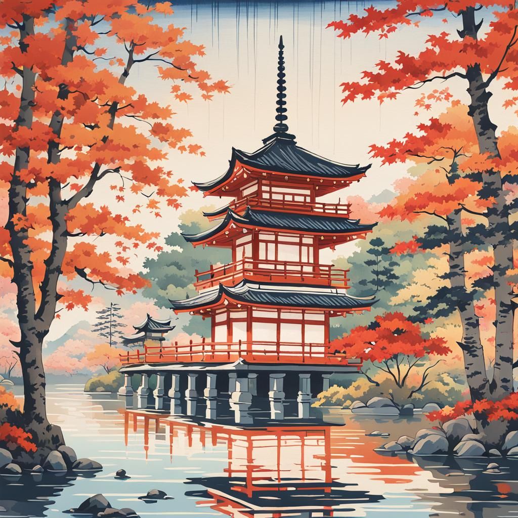 Ukiyo-e style a tranquil autumn scene  by @Eridani