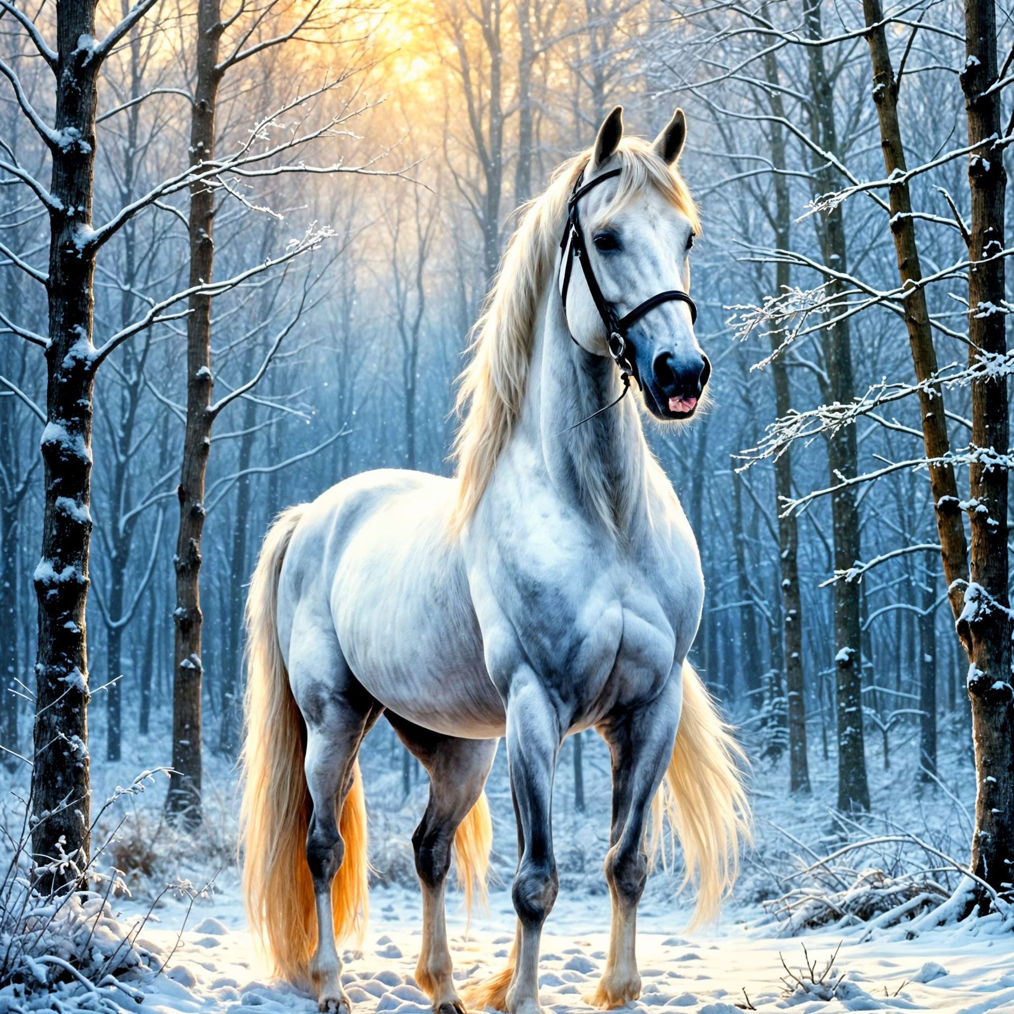  a white saddlebred in a snow-covered forest