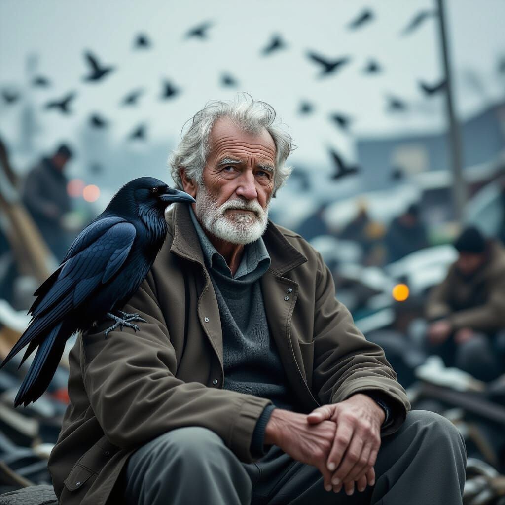  A calm old man, sits quietly, with a Raven perched on his arm, in the midst of chaos 