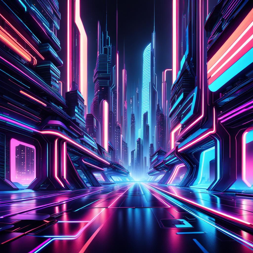 Landscape Illustration; Futuristic Tron Black Street Neon Edging ...