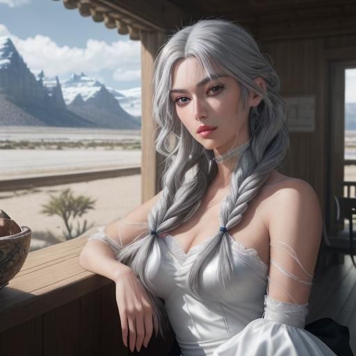 Ultra Photorealistic white haired Emma stone real world live action style photograph style as live action cinematic film movie style superhe...