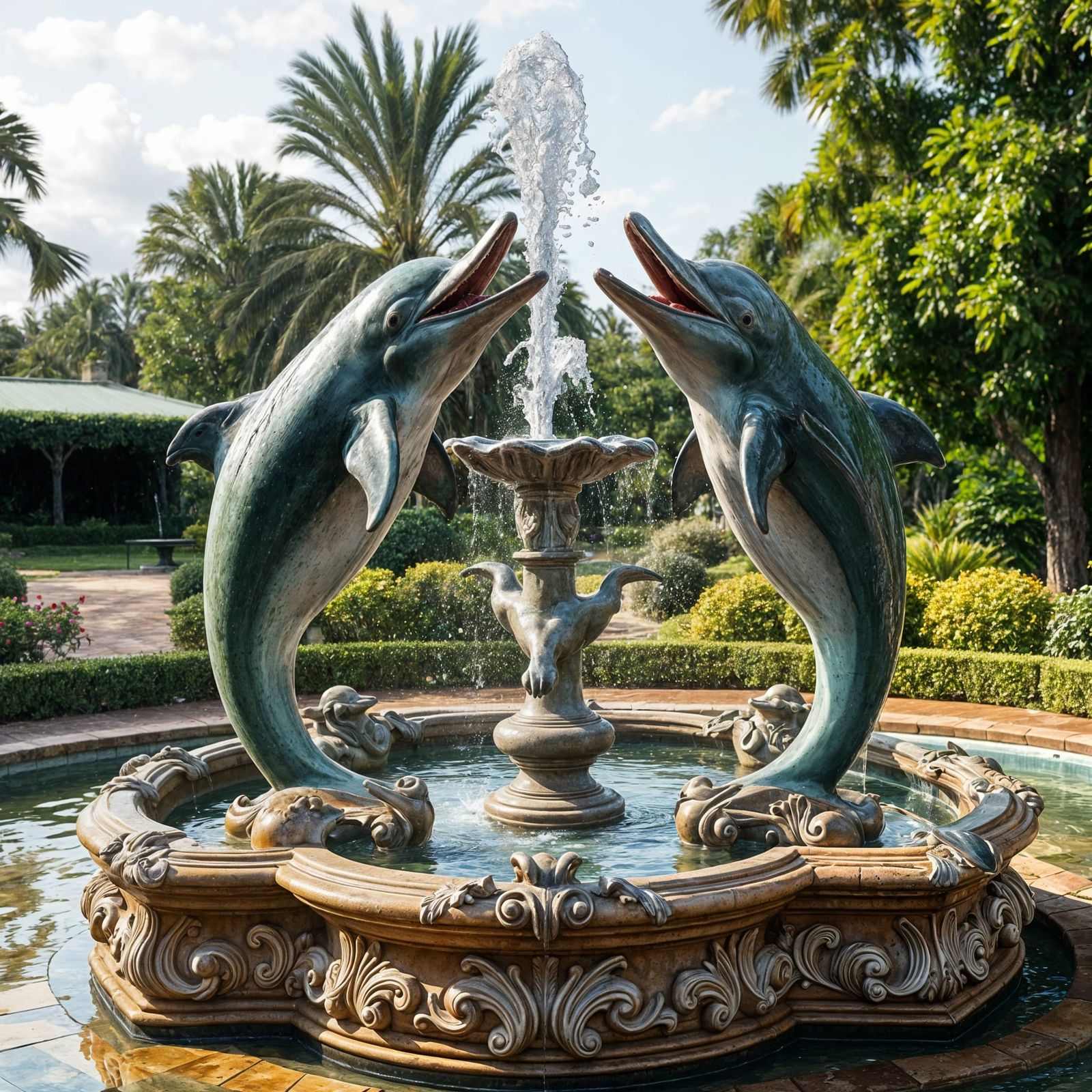 Garden Fountain Featuring Dolphins