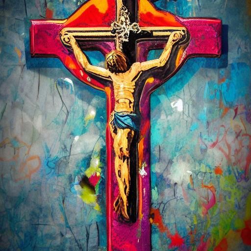 Catholic cross, inri, on a wall graffiti art, splash art, street art ...