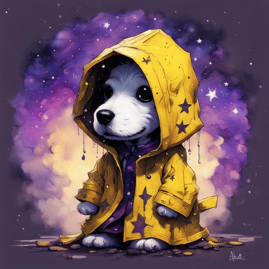 An Adorable Chibi Snoopy Wearing A Yellow Raincoat Purple Dark Starry